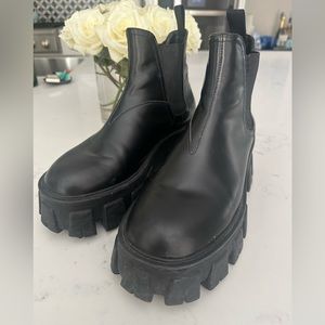 Prada Monolith Chelsea Boots Size 38 Lug Sole Pull on Womens Black Leather $1290